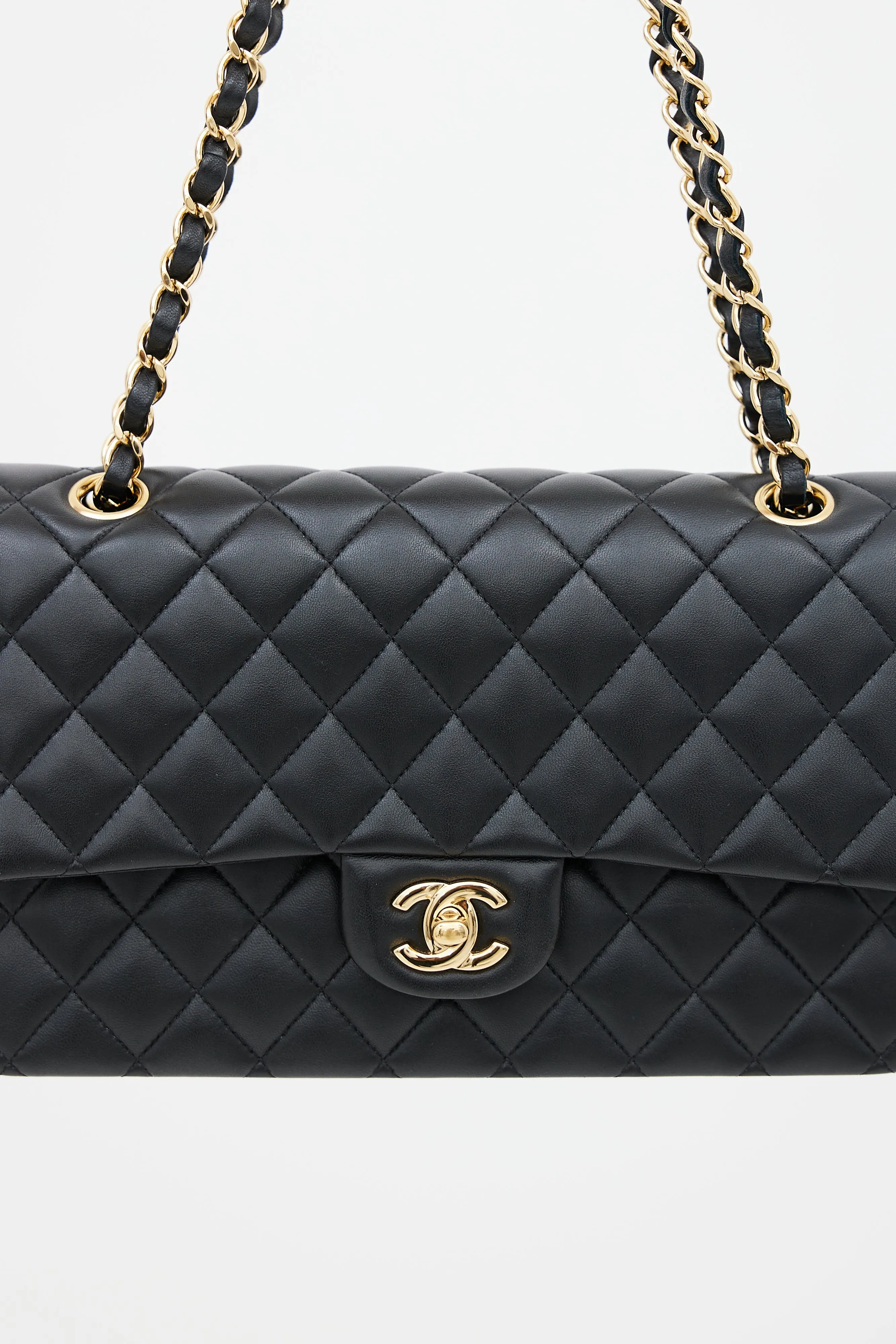 Black Leather Classic Medium Double Flap Bag