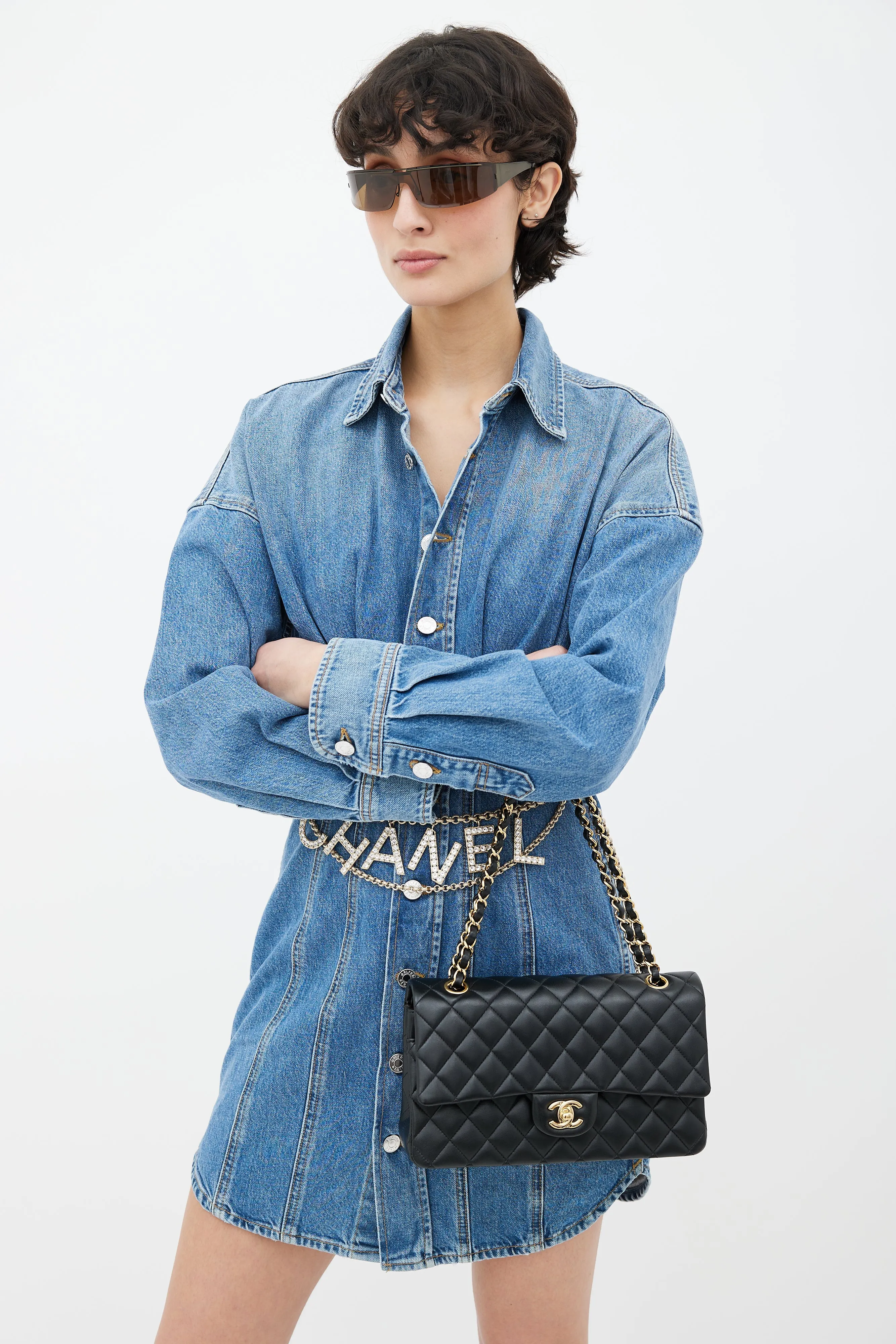 Black Leather Classic Medium Double Flap Bag