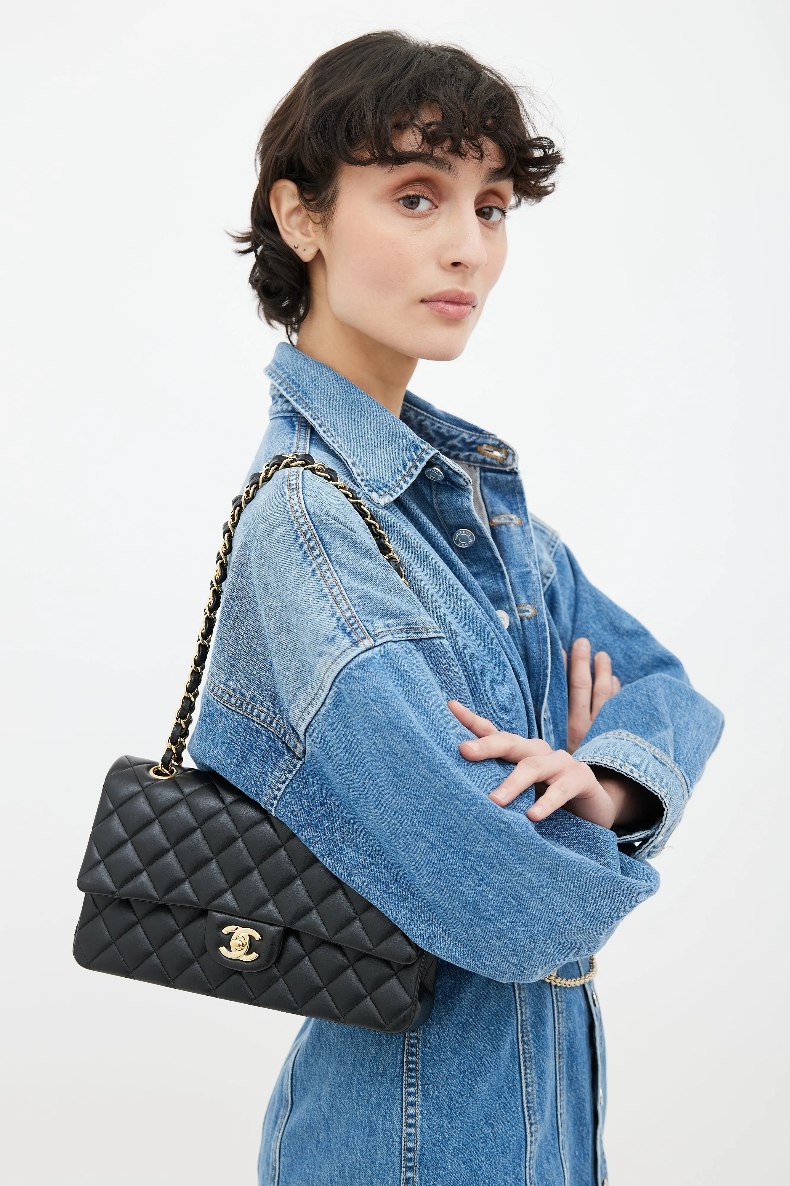 Black Leather Classic Medium Double Flap Bag