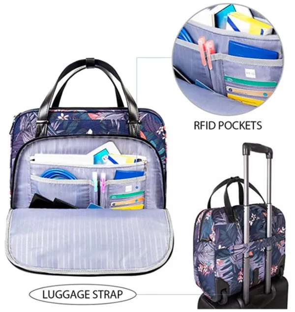 Rolling Laptop Bag, Briefcase, RFID Pockets, Water-Proof, Fits up to 15.6" Laptop, Lavender, Green, White & Coral on Navy