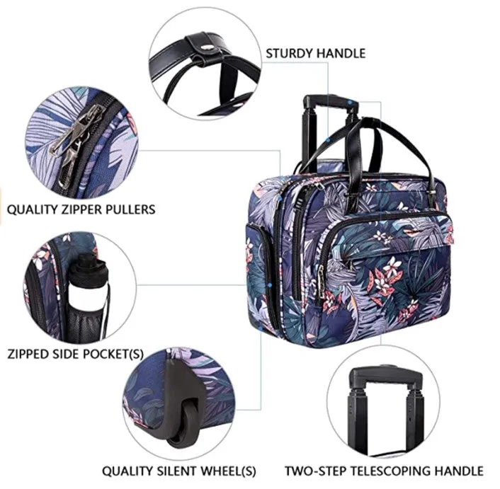 Rolling Laptop Bag, Briefcase, RFID Pockets, Water-Proof, Fits up to 15.6" Laptop, Lavender, Green, White & Coral on Navy